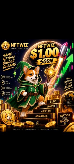 A vibrant NFTWIZ promotional poster featuring a Shiba Inu dog dressed as a wizard in green robes, promoting the token with text like '$1.00 SOON', 'HOLD BELIEVE NFTWIZ $1.00', and 'NFTWIZ IN THE WORLD', complete with rocket imagery and stacks of coins.