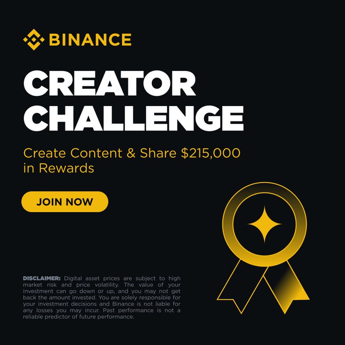 A Binance promotional banner for the "Creator Challenge" with the Binance logo, inviting users to "Create Content & Share $215,000 in Rewards" via a "JOIN NOW" button, alongside a gold ribbon/medal graphic and a market risk disclaimer. The banner visually reinforces the post's call to action for content creators to compete for a share of the $215,000 prize pool by featuring Binance products.