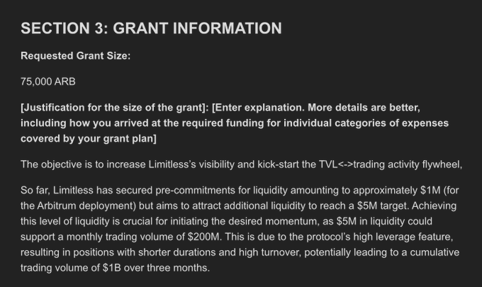 Grant application section requesting 75,000 ARB for Limitless to increase visibility and boost TVL<->trading activity, citing $1M in pre-commitments toward a $5M liquidity target that could yield $1B cumulative trading volume.