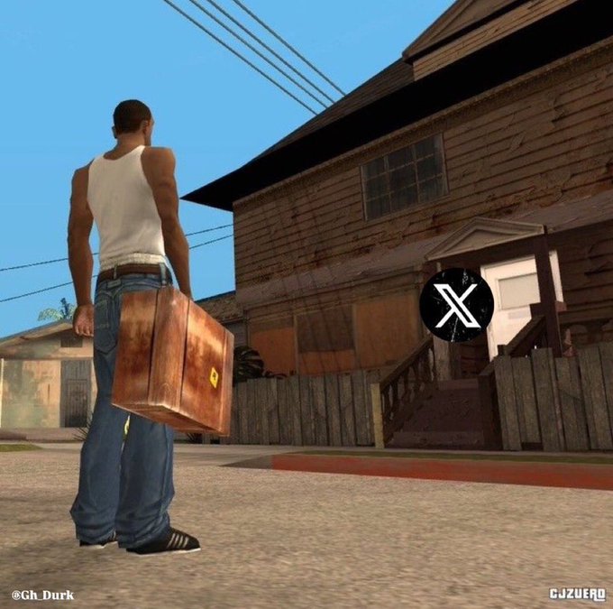 A character from the video game GTA San Andreas stands in white tank top and jeans holding a brown suitcase, facing a run-down house, with watermarks '@Gh_Durk' and 'CJZURD' and an X logo.