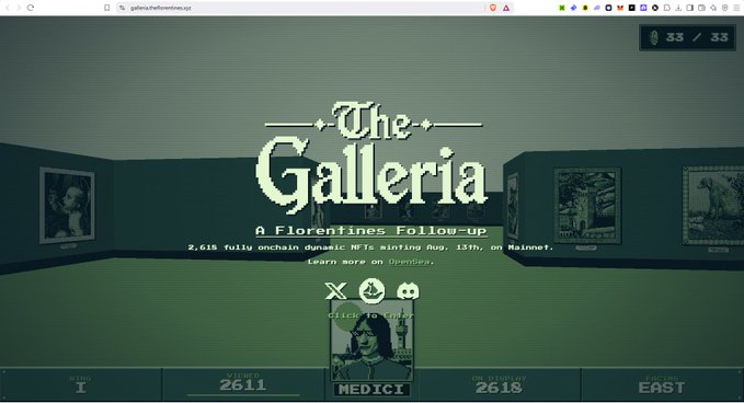 A webpage for "The Galleria," described as "A Florentines Follow-up," displaying 2,618 fully onchain dynamic NFTs minting Aug. 13th on Mainnet, set in a virtual gallery room with framed artworks on the walls.