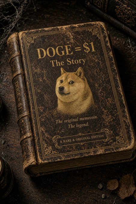 An ancient leather-bound book titled "DOGE = $1: The Story" features the iconic Shiba Inu portrait on its cover, with the inscription "The original memecoin. The legend." and labeled "A Rare & Original Edition." The vintage tome aesthetic reinforces the post's message, framing DOGE as a legendary, original cryptocurrency with enduring legacy.