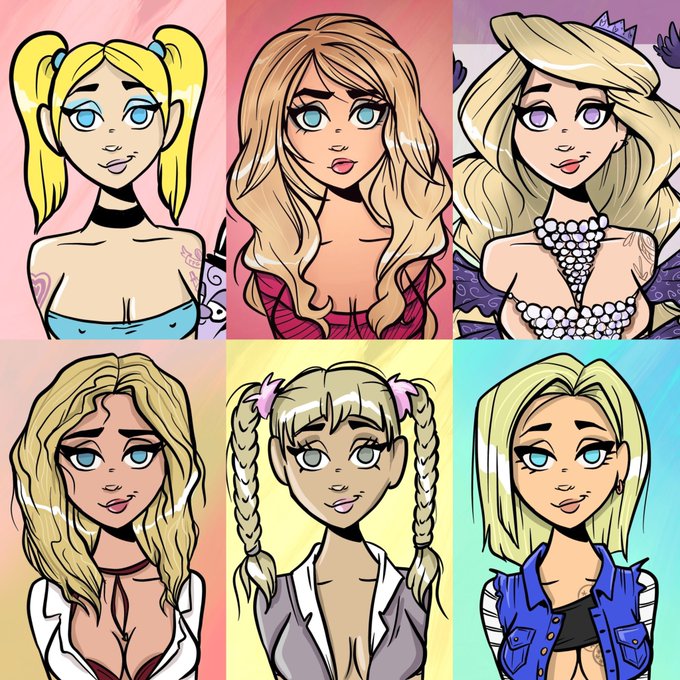 A 2x3 grid of cartoon illustrations depicting the same blonde-haired female character with blue eyes styled in six different outfits and hairstyles.