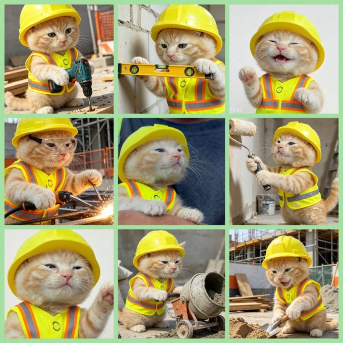 A 3x3 collage of an orange and white cat dressed in construction worker gear, including a yellow hard hat and safety vest, depicted performing various tasks like using a drill, level, grinder, paint roller, welder, and wheelbarrow.