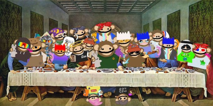 A parody of The Last Supper featuring various stylized monkey and cartoon characters gathered around a long banquet table.