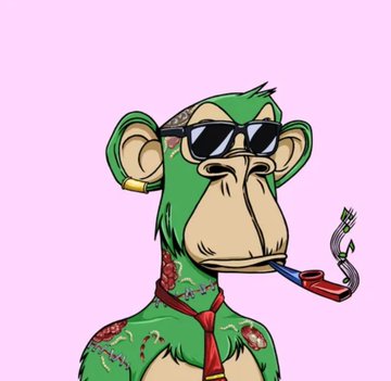 An illustration of a green monkey wearing sunglasses, a red tie, and smoking a pipe against a pink background. This image represents a Bored Ape Yacht Club (BAYC) NFT, which relates to the post's mention of @BoredApeXClub and the BAXC ticker.
