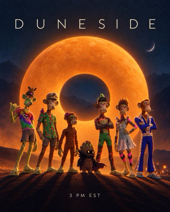 A promotional poster for "DUNESIDE" featuring a lineup of stylized monkey/ape characters standing before a large orange eclipse, with "3 PM EST" at the bottom.