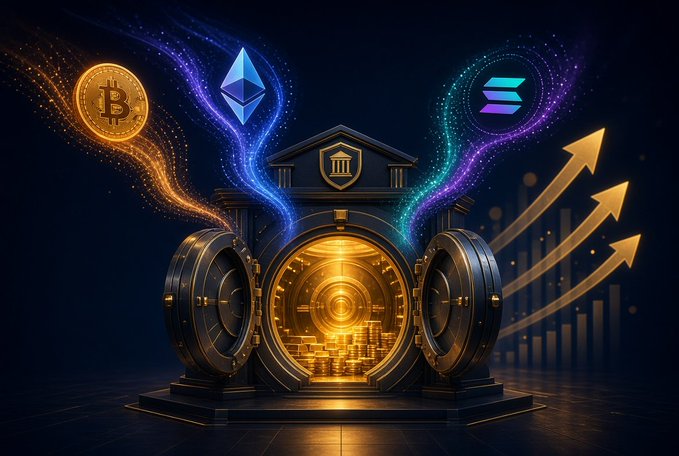 A digital artwork showing an open vault filled with gold coins, with Bitcoin, Ethereum, and Solana cryptocurrency symbols floating above it alongside upward trending arrows.
