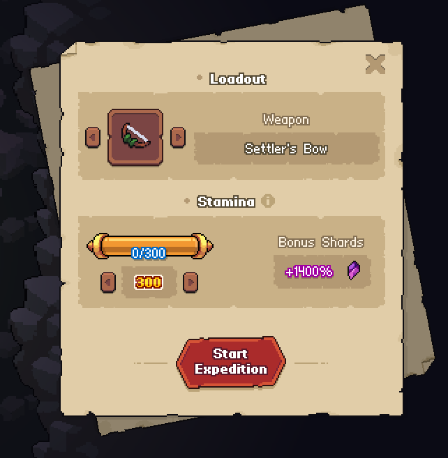The image shows a screen with an information button on it that says "Start expedition". The post includes information about two weapons available for sale: a bow and an arrow, as well as other rewards such as bonus spears and crystals. The user is looking at these items in order to find the best weapon to use for their journey.