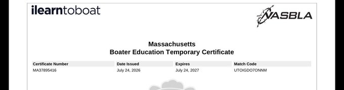 A Massachusetts Boater Education Temporary Certificate from ilearntoboat, featuring the NASBLA logo, certificate number MA37895416, issued July 24, 2026, expiring July 24, 2027.