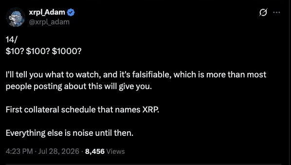 The image shows a tweet from @xrpI_Adam posing the question "14/? $10? $100? $1000?" and stating that viewers should watch for "First collateral schedule that names XRP," dismissing everything else as "noise until then." The post ties into the caption "Collateral huh?" by highlighting the user's emphasis on a potential XRP collateral schedule as a key milestone.