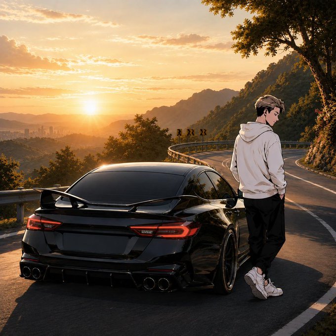 Anime-style illustration of a person in a white hoodie standing next to a black sports car on a winding mountain road at sunset.