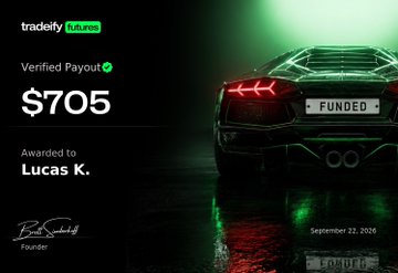 A dark-themed promotional graphic for 'tradeify futures' showing a 'Verified Payout' of '$705' awarded to 'Lucas K.' next to a sports car with a 'FUNDED' license plate.