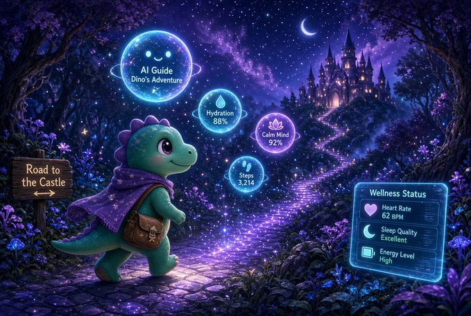 A fantasy digital illustration of a cute green dinosaur character on a path to a castle, labeled 'AI Guide Dino's Adventure' with wellness stats showing 'Hydration 88%', 'Calm Mind 92%', and 'Steps 3,214'.