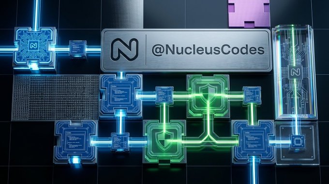 A stylized 3D graphic showing interconnected tech components with circuit board patterns, a central metallic plaque displaying "@NucleusCodes," and the letter "N".