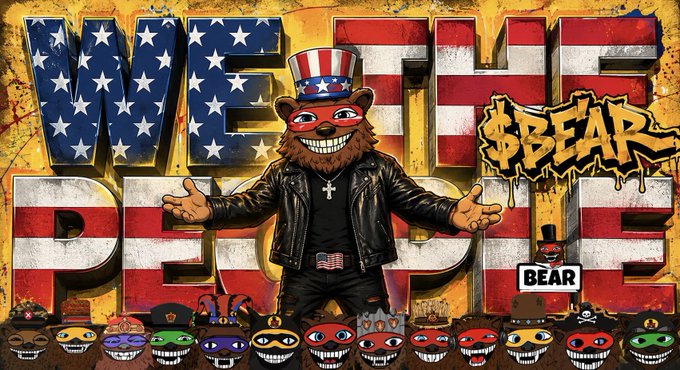 A stylized patriotic NFT-style illustration titled 'WE THE PEOPLE' featuring a bear character in a top hat and leather jacket, with $BEAR branding and multiple smaller character icons at the bottom.