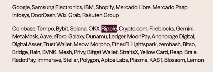 The image lists prominent companies and crypto firms that have reportedly integrated or partnered with Ripple, highlighting Ripple among major names like Google, Mastercard, Samsung, Coinbase, and Solana. It visually reinforces the post's point about Ripple and Mastercard's ongoing collaboration, tied to the $OUSD stablecoin context.