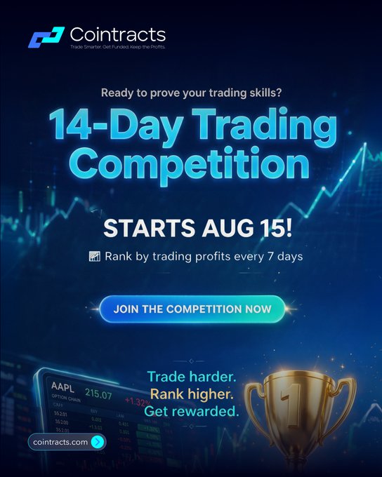 A promotional graphic for Cointracts' "14-Day Trading Competition" starting August 15, featuring a blue glowing background with an AAPL stock chart showing $215.07 and a gold winner's trophy, alongside a "JOIN THE COMPETITION NOW" call-to-action button directing users to cointracts.com. The image complements the post by advertising the same competition where traders can compete for prizes like $500 USDT and 1-Step Start Accounts by ranking through trading profits.