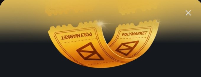 A golden Polymarket promotional graphic featuring two interlocking gold tickets or chips embossed with the 'POLYMARKET' logo and its signature triangular emblem against a dark gradient background.