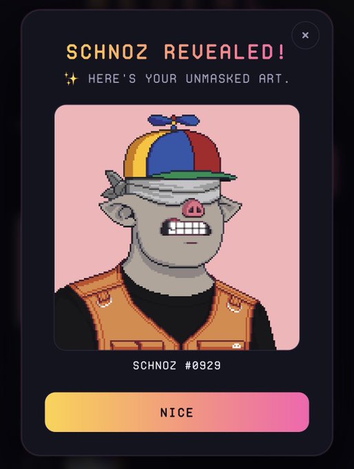 A 'SCHNOZ REVEALED!' NFT display screen showing the unmasked pixel art character Schnoz #0929—a grey-skinned figure with a propeller hat, orange vest, and an exaggerated pig-like nose—with a 'NICE' button at the bottom.