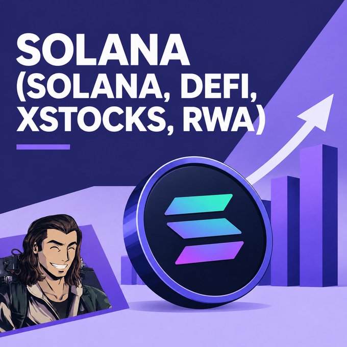 A promotional graphic for 'SOLANA (SOLANA, DEFI, XSTOCKS, RWA)' features the Solana cryptocurrency logo in 3D alongside bar charts showing an upward trend, with a cartoon avatar of a smiling man with long hair in the corner.