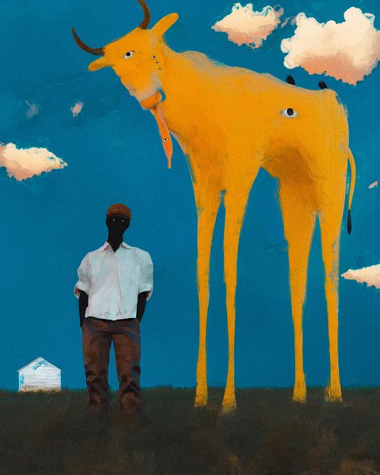 A surreal painting depicts a man standing in a field next to a giant yellow cow-like creature with a long tongue, under a blue sky dotted with white clouds.