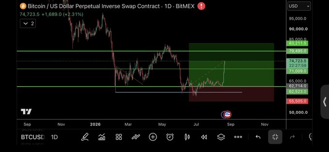 A Bitcoin/USD Perpetual Inverse Swap Contract (XBTUSD) daily chart on BitMEX shows BTC at 74,723.5 (+1,689.0, +2.31%), with a highlighted trading zone between roughly 62,714 and 85,811 illustrating a missed long opportunity. The image visually reinforces the post's warning that relying on advice from memecoin-only traders causes you to overlook major Bitcoin moves like this surge.