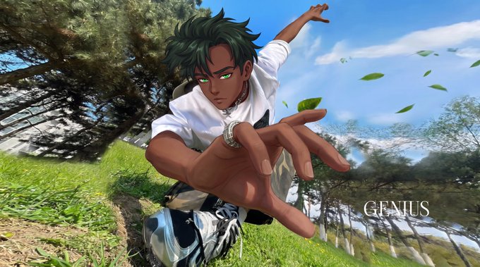 A 3D-rendered anime-style male character with green hair and eyes in a dynamic action pose reaching forward, with the word 'GENIUS' displayed in the bottom right corner.