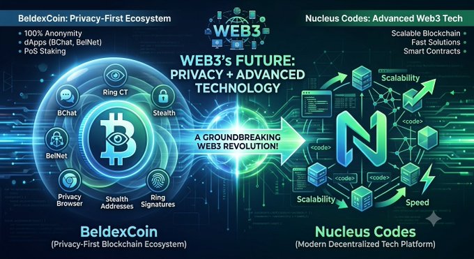The image is a promotional infographic titled "WEB3's FUTURE: PRIVACY + ADVANCED TECHNOLOGY," showcasing BeldexCoin on the left as a "Privacy-First Blockchain Ecosystem" with features like BChat, BelNet, Ring CT, Stealth Addresses, and Ring Signatures, alongside Nucleus Codes on the right as a "Modern Decentralized Tech Platform" highlighting scalability, speed, and smart contracts—both projects connected by the central message "A GROUNDREAKING WEB3 REVOLUTION!"