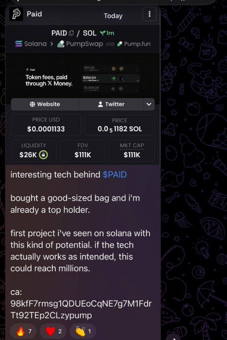 A mobile screenshot shows a token page for "$PAID" on the PumpSwap/Pump.fun platform via Phantom wallet, displaying stats like $0.0001133 price, $26K liquidity, and $111K FDV/MKT cap, with text calling it the first Solana project of its kind with potential to reach millions, alongside an X Money token fees receipt showing $250 paid. The image directly illustrates the "$PAID at $100k" call mentioned in the post, serving as visual proof of the early gem that achieved over 400x returns.
