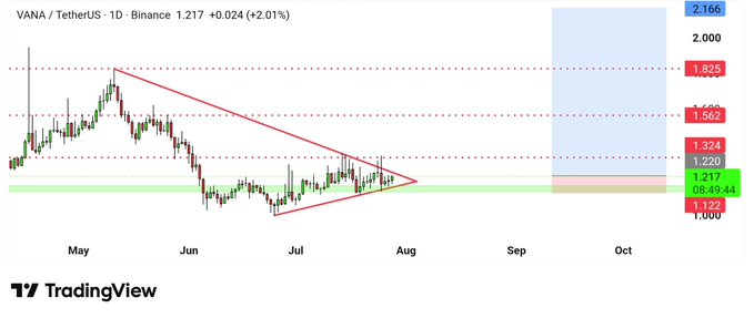 A TradingView chart shows VANA/USDT on Binance trading at $1.217 (+2.01%), with a symmetrical triangle pattern from May–July suggesting a potential breakout toward the $1.825–$2.166 resistance zone. The post aligns with the chart's bullish technical setup, signaling confidence in a price run for the Vana token.