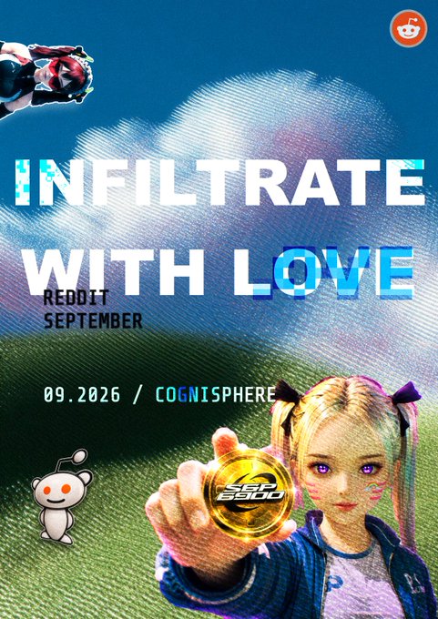 The image is a vibrant, glitch-art styled promotional poster titled "INFILTRATE WITH LOVE" announcing a Reddit event for September 2026 with "COGNISPHERE," featuring anime-style characters, the SPX6900 logo, and a Reddit alien mascot. The post ties this event to a community goal of growing the subreddit to 69,000 members, with the poster's themes of "infiltration" and crypto imagery (SPX6900) symbolizing the group's mission to rally newcomers and expand their chat community toward that numerical target.
