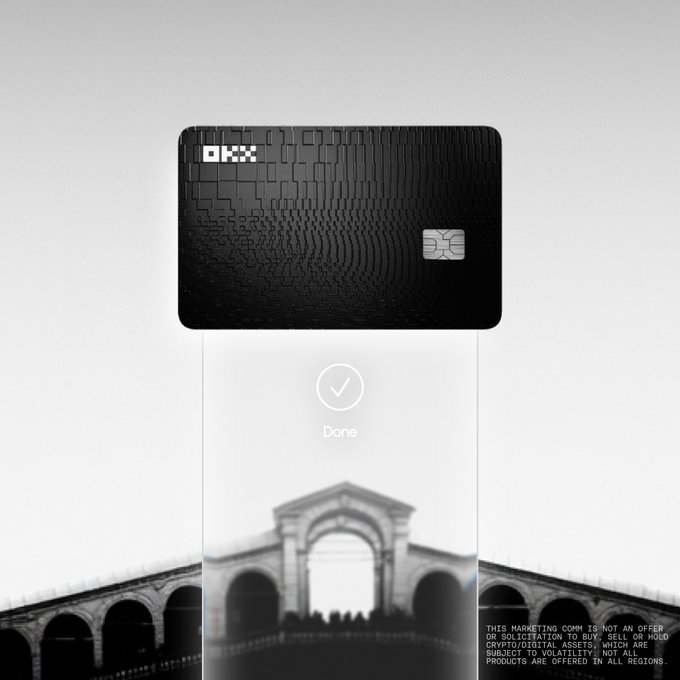 The image shows a black OKX Card with a distinctive textured pattern and chip, displayed against a backdrop featuring a checkmark icon labeled "Done" and a faint architectural silhouette resembling a European landmark. The accompanying post ties in by promoting the OKX Card's European launch, offering up to 50 $USDG in rewards for August spending. A disclaimer at the bottom notes the marketing communication is not an offer in all regions due to varying crypto regulations.