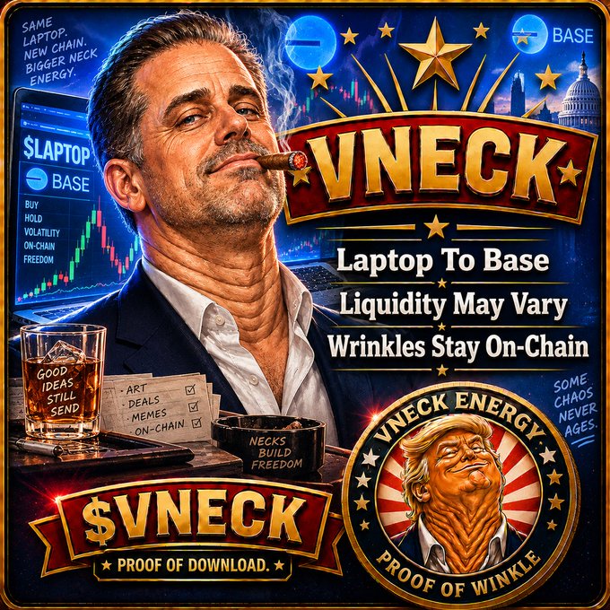 Digital illustration parodying a meme coin advertisement titled '$VNECK' with slogans like 'Laptop To Base', 'Liquidity May Vary', and 'Wrinkles Stay On-Chain', featuring caricatures of men smoking cigars.