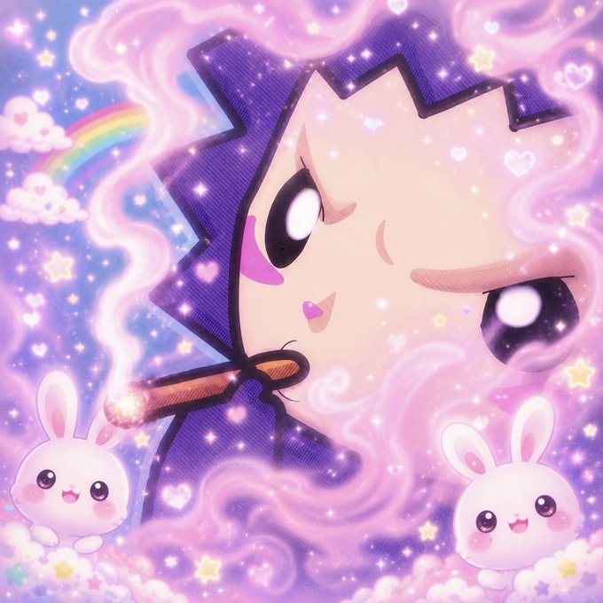A stylized character with spiky dark hair and a small smirk is surrounded by a magical, sparkly pink and purple aura filled with stars, hearts, clouds, a rainbow, and two cute bunny mascots. The whimsical, dreamy aesthetic complements the post's lighthearted "chog morning" greeting and playful jab at the Monad blockchain.
