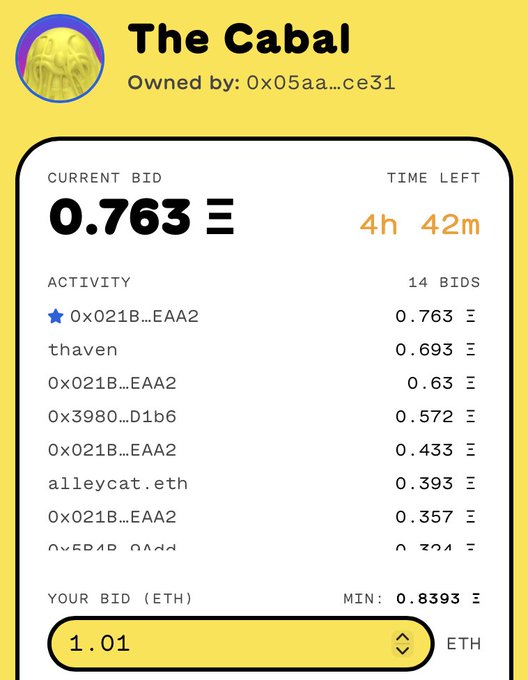 An auction interface for "The Cabal" (owned by 0x05aa...ce31) with a current bid of 0.763 ETH, 14 bids, 4h 42m time left, and a user's bid set at 1.01 ETH against a minimum of 0.8393 ETH.