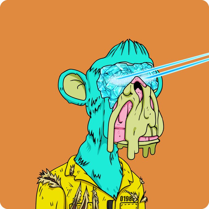 A Bored Ape Yacht Club NFT (#0198) with cyan fur and laser eyes is shown, with melting cream dripping down its face, matching the post's message of holding BAYC with unwavering conviction. The shirt and ape number "0198" are visible, referencing the Bored Ape collection.