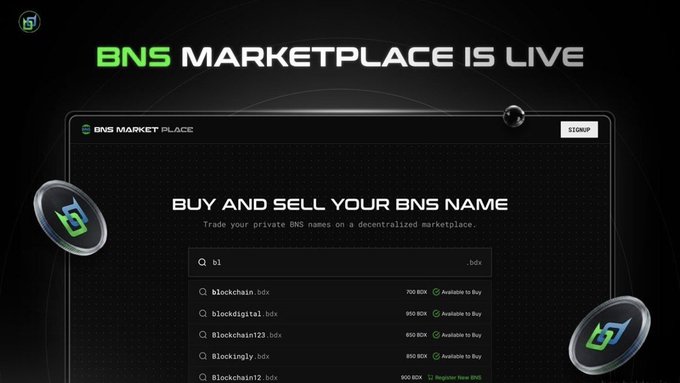 A promotional graphic announcing 'BNS MARKETPLACE IS LIVE', showing a marketplace interface for buying and selling 'BNS NAME' domain names with prices in 'BDX' listed in the search results.