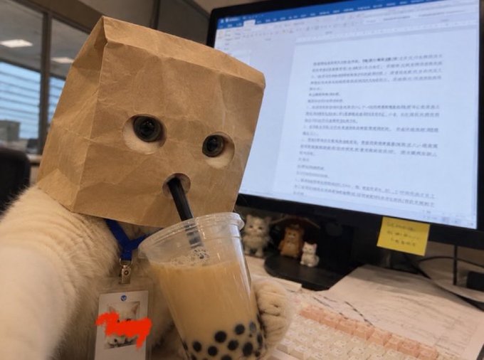 A fluffy white figure wearing a brown paper bag over its head with eye holes cut out sips bubble tea in front of a computer screen displaying a Chinese-language document, humorously embodying the "paper bag" metaphor of concealing one's identity while making questionable crypto trading decisions. The post's advice to focus on one token per paired asset rather than chasing APR percentages through dashboards is satirized by the figure's blind, anonymous approach to consuming financial information—much like blindly sipping through a straw without seeing what's inside.