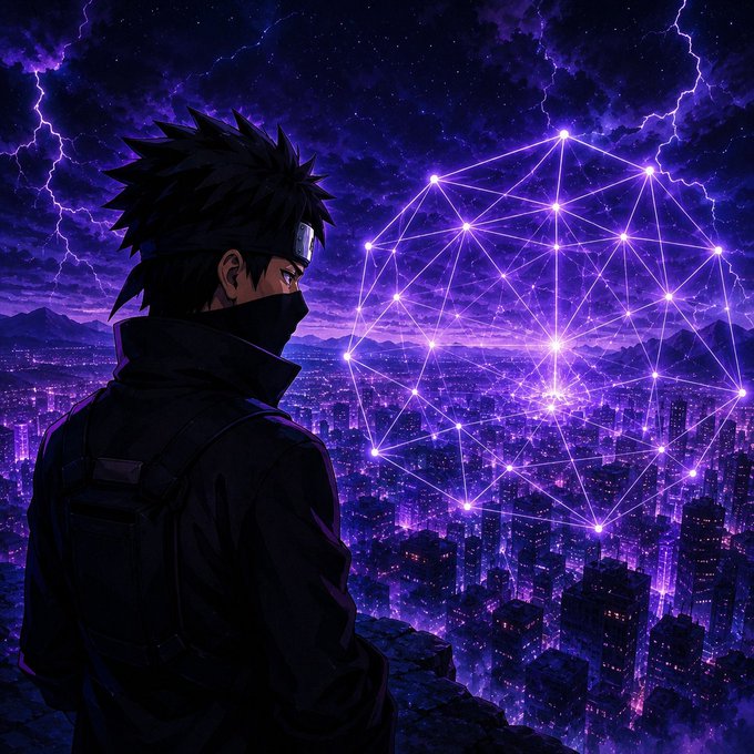 The image features a man wearing a backpack standing at the edge of a cliff overlooking a cityscape filled with buildings under a dark sky. The city lights create an interesting contrast against the night sky, which has purple lightning bolts scattered throughout. The man appears to be looking out over the city and is wearing a bandana on his head.