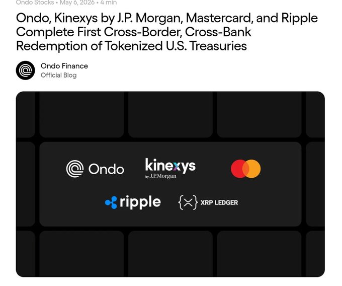 The image is a blog post header from Ondo Stocks dated May 6, 2026, announcing that Ondo, Kinexys by J.P. Morgan, Mastercard, and Ripple completed the first cross-border, cross-bank redemption of tokenized U.S. Treasuries, featuring logos of Ondo, Kinexys by J.P. Morgan, Mastercard, Ripple, and XRP Ledger. The accompanying post highlights this milestone and notes that OKX has since joined the coalition, indicating continued momentum in tokenized treasury initiatives.