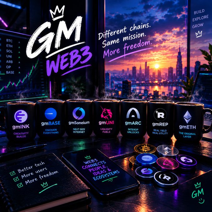 A row of seven steaming black mugs labeled gmINK, gmBASE, gmSoneium, gmUNI, gmARC, gmREP, and gmETH sits on a desk against a sunset cityscape, with the "GM WEB3" logo and the tagline "Different chains. Same mission. More freedom." displayed prominently, alongside a phone reading "Web3 connects people, ideas & ecosystems" and stacked crypto coins — directly visualizing the post's callout of multiple blockchain ecosystems united under the Web3 mission.