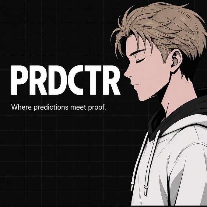 Anime-style illustration of a young man with blond hair in profile wearing a white hoodie, with the text 'PRDCTR - Where predictions meet proof.' on a dark grid background.