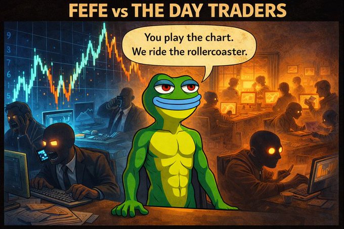 An illustration titled 'FEFE vs THE DAY TRADERS' showing a muscular Pepe the Frog in front of stock charts and day traders at computers, with a speech bubble saying 'You play the chart. We ride the rollercoaster.'