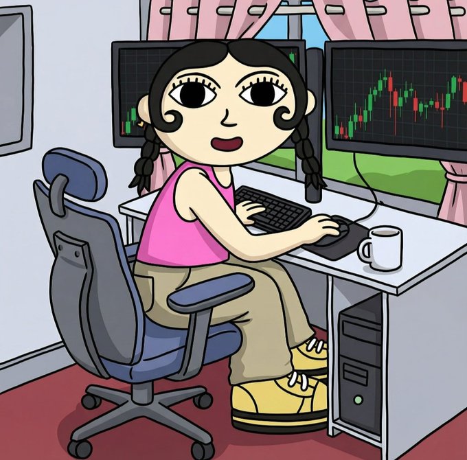 A cartoon illustration of a woman with black braids wearing a pink tank top, sitting at a desk with a keyboard and mouse, with two monitors behind her displaying green and red candlestick trading charts.