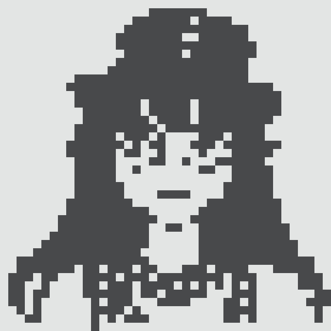 A minimalist black-and-white pixel art icon depicting a hooded figure, resembling a popular social media 'hoodie person' avatar.