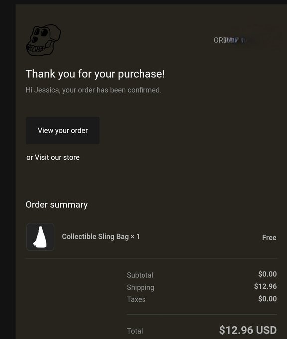 Order confirmation email from a store stating 'Thank you for your purchase! Hi Jessica, your order has been confirmed,' showing a free 'Collectible Sling Bag' with a total of $12.96 USD (shipping only).