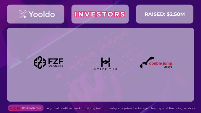 A purple-themed promotional graphic for 'Yooldo' announcing 'INVESTORS' and 'RAISED: $2.50M', featuring the logos of 'FZF Ventures', 'HYPERITHM', and 'double jump.tokyo', with @Tokenhunter branding at the bottom.