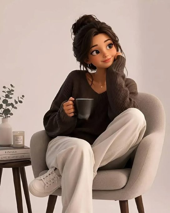 A digital illustration of a woman with dark hair in a bun, wearing a brown sweater and white pants, sitting in a gray chair holding a mug next to a side table with books and a plant.