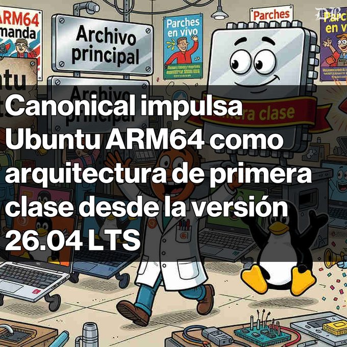 A Spanish-language tech illustration from 'La Mirada del Replicante' announcing that Canonical is promoting Ubuntu ARM64 as a first-class architecture starting with version 26.04 LTS, featuring cartoon characters including Tux the penguin.